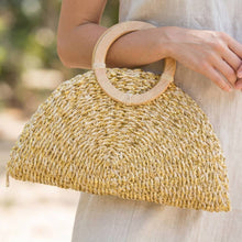 Load image into Gallery viewer, Gold Metallic Straw Woven Half Moon Bag
