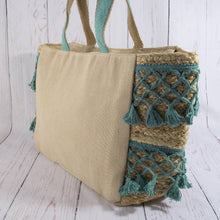 Load image into Gallery viewer, Seahorse Embroidered Jute Fringe Panel Tote Bag