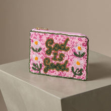 Load image into Gallery viewer, God is Good beaded coin purse on a beige platform with a grey background