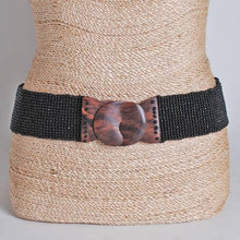 Load image into Gallery viewer, A black beaded belt on a tan woven mannequin with a light grey background