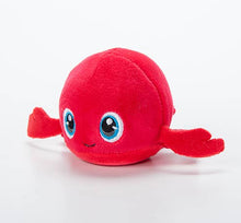 Load image into Gallery viewer, A red plush lobster squishy toy with large blue and white embroidered eyes and a small stitched smile, photographed on a clean white background