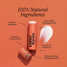 Load image into Gallery viewer, Lip balm with ingredients listed on an orange background 100% natural ingredients