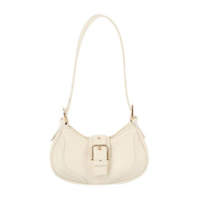 Load image into Gallery viewer, An ivory-colored shoulder bag with a curved silhouette, long adjustable strap, decorative stitching, and a center strap with a gold-tone buckle, displayed against a plain white background.
