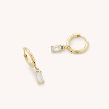 Load image into Gallery viewer, Gold hoop earrings with rectangular gemstones on a white background