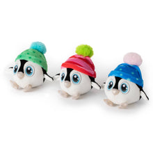 Load image into Gallery viewer, Three small plush penguin toys arranged side by side on a white background, each wearing a different colored knit hat with a pom-pom: one green hat with blue dots, one red and pink striped hat with a green pom-pom, and one blue hat with a pink pom-pom.