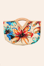 Load image into Gallery viewer, A floral jute tote bag with a white background
