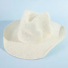 Load image into Gallery viewer, Ivory Sparkling Cowboy Hat on light blue background