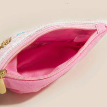 Load image into Gallery viewer, A pink canvas zippered pouch with a white beaded trim and gold zipper pull, shown open to reveal a bright pink interior.
