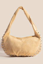 Load image into Gallery viewer, A khaki faux suede shoulder bag with a rounded shape and a silver-tone stud detailing along the edges, displayed against a white background.
