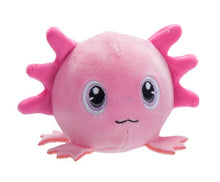 Load image into Gallery viewer, A pink plush toy shaped like a cute cartoon axolotl with large round eyes, a small stitched smile, and darker pink fin details, shown on a plain white background.

