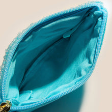 Load image into Gallery viewer, A blue beaded coin purse unzipped showing the inside of the purse on a white background
