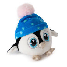 Load image into Gallery viewer, A cute penguin plush toy wearing a blue winter hat with star patterns and a fluffy pink pom-pom, set against a plain white background.
