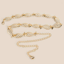 Load image into Gallery viewer, A gold-tone waist chain featuring repeating textured fish-shaped charms and an adjustable chain extender, displayed on a white background.
