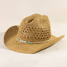 Load image into Gallery viewer, Khaki straw cowboy hat with beaded hat band on a white background
