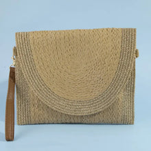 Load image into Gallery viewer, Taupe Half Moon Metallic Woven Clutch
